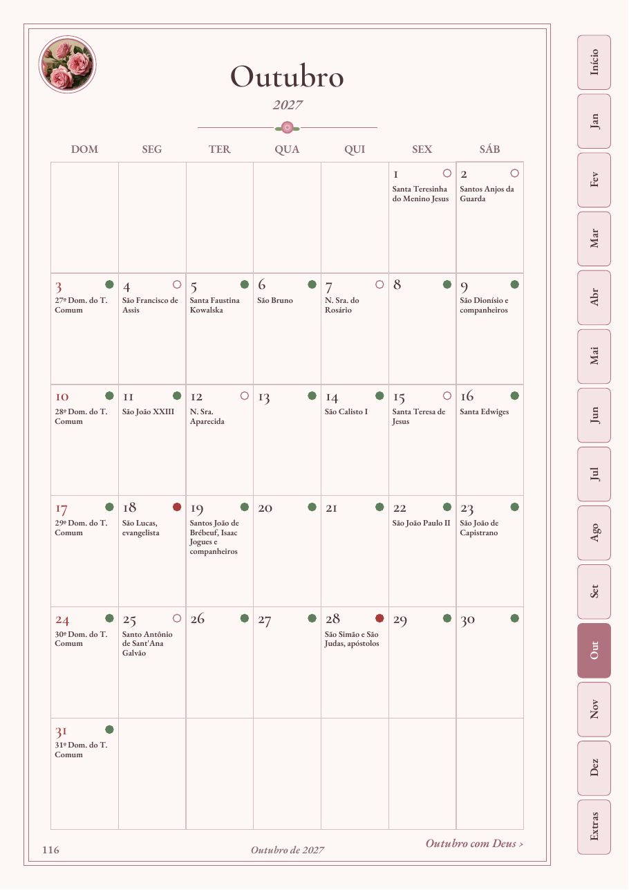 Calendário de outubro de 2027 da edição A Pequena Via, com o santo e a cor litúrgica de cada dia
